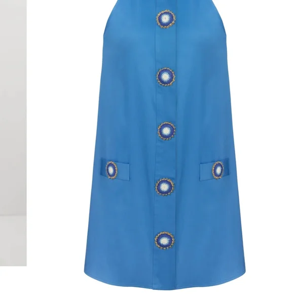 Gold Buttoned Blue Halter Mini Sundress - Picture 2 of 3